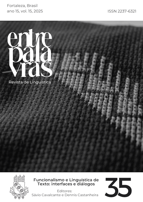 Capa da revista "Entrepalavras" (Revista de Linguística), volume 15, 2025, edição 35. Fotografia em preto e branco de um bordado em ponto cruz (Tatreez) em linha clara sobre tecido escuro, formando um padrão abstrato. No canto superior esquerdo, o título "Entrepalavras". Abaixo da imagem o tema da edição: Funcionalismo e Linguística de Texto: interfaces e diálogos.